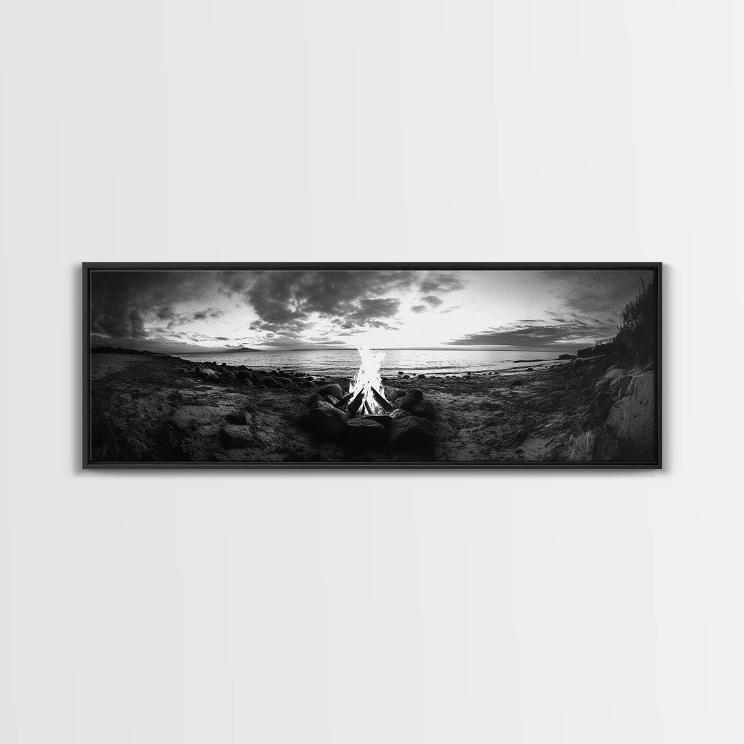 Seaside Fire, Coastal Camp, Black White, Night Shore, Framed Canvas Print, Fall decor, rustic outdoor art, cozy cabin wall art, man cave