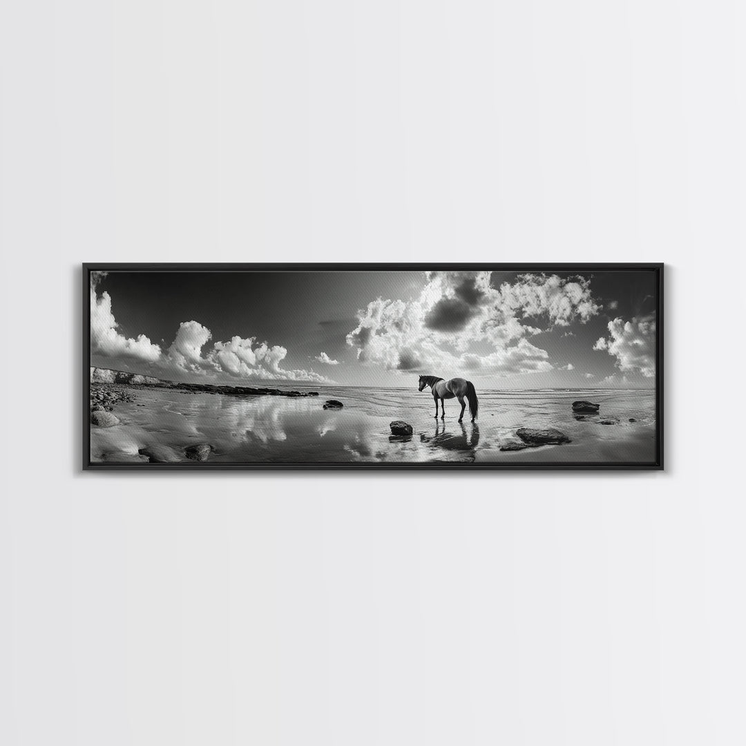 Beach Horse Reflection, Coastal Freedom, Wild Spirit Scene, Framed Canvas Print, Western Bathroom Art, Minimalist Beach House Decor