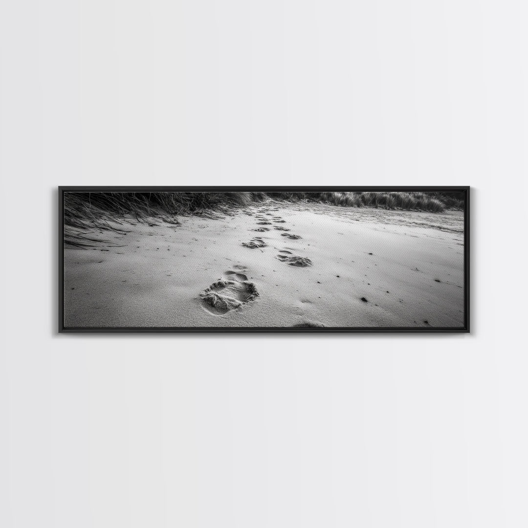 Beach Footprints, Sandy Path, Seaside Steps, Reflective Moment, Canvas Print, Minimalist Bathroom Wall Art, Tranquil Coastal Decor
