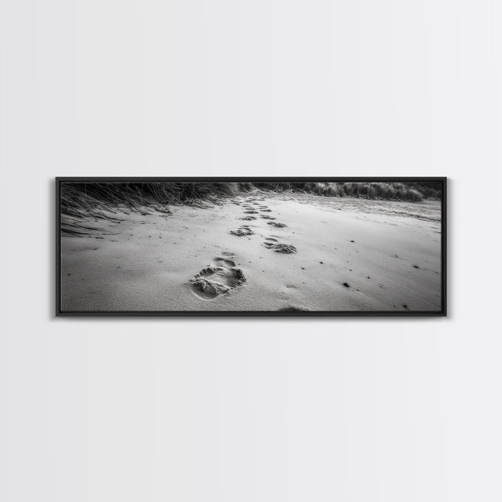 Beach Footprints, Sandy Path, Seaside Steps, Reflective Moment, Canvas Print, Minimalist Bathroom Wall Art, Tranquil Coastal Decor