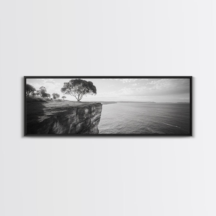 Coastal Cliff Tree, Ocean Horizon, Nature Photography, Framed Canvas Print, Minimalist Wall Art, Living Room Decor, Modern Landscape