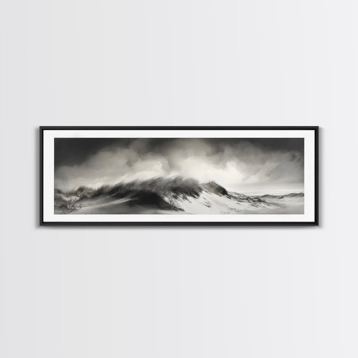 Sand Dune Storm, Coastal Winds, Black and White Nature, Framed Canvas Print, Neutral Wall Art, Hallway Decor, Minimalist Style