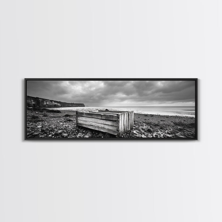 Rocky Beach, Driftwood Crate, Stormy Sky Seascape, Framed Canvas Print, Coastal Rustic Decor, Bathroom Wall Art, Monochrome Style