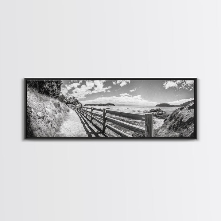 Coastal Fence Path, Island View, Ocean Trail, Framed Canvas Print, Bright Scenic Art, Living Room Decor, Seaside Landscape Vibe