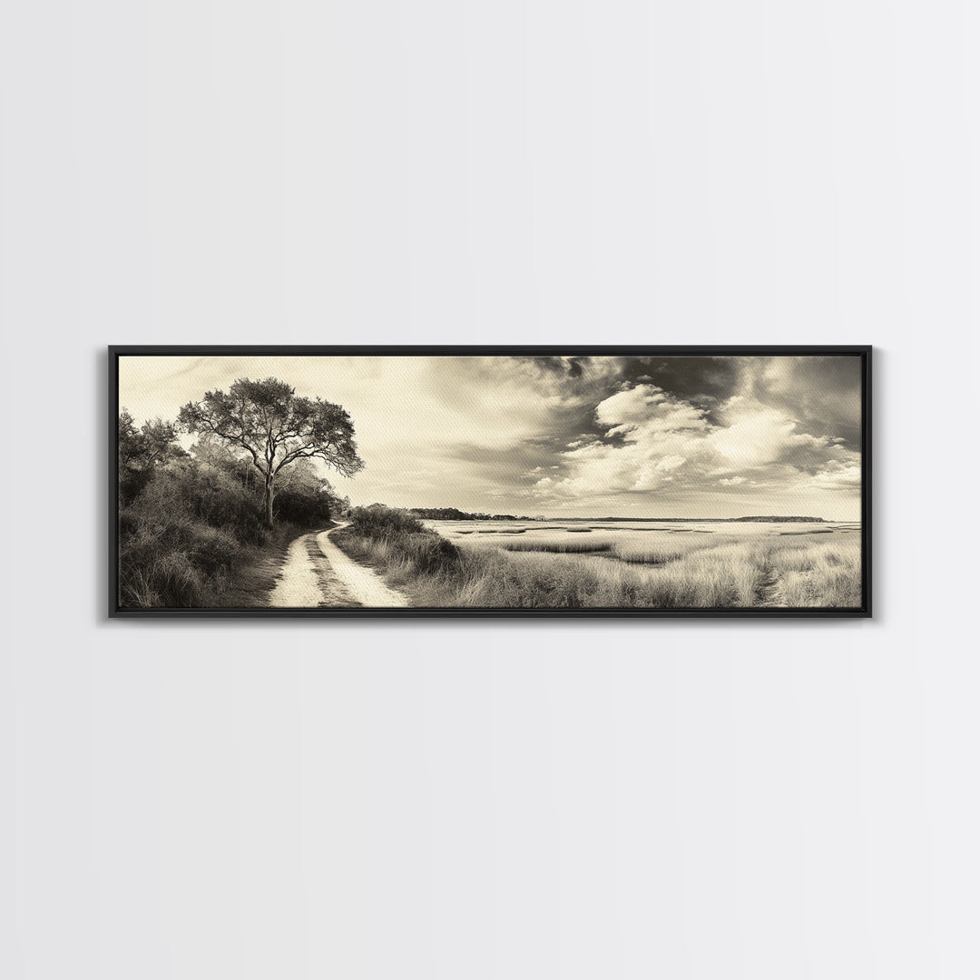 Country Road, Marshland Meadow, Lone Tree Landscape, Framed Canvas Print, Rustic Fall Wall Art, Entryway Decor, Neutral Nature Style