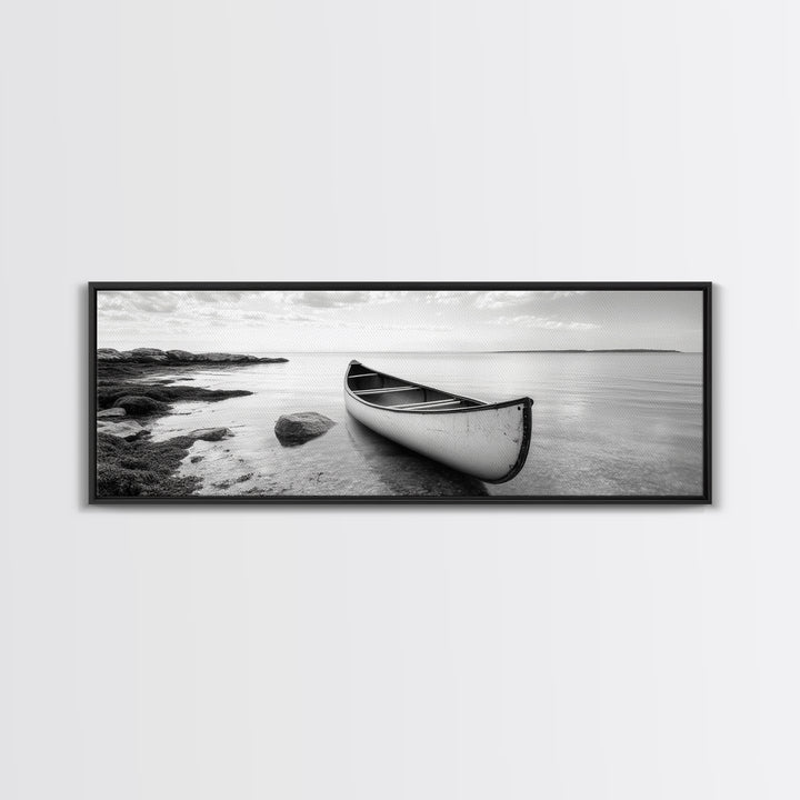 Canoe Shore, Coastal Calm, Nature Paddle, Tranquil Waters, Canvas Print, minimalist outdoor art, boho lake decor, living room wall piece