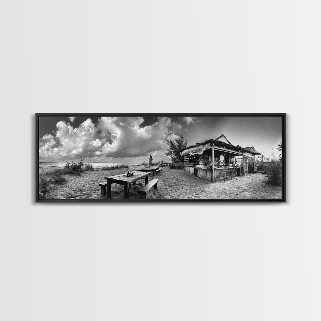 Beachside Bar Scene, Rustic Cafe, Ocean Picnic, Cloudy Sky, Framed Canvas Print, Coastal Kitchen Wall Art, Boho Bar Decor