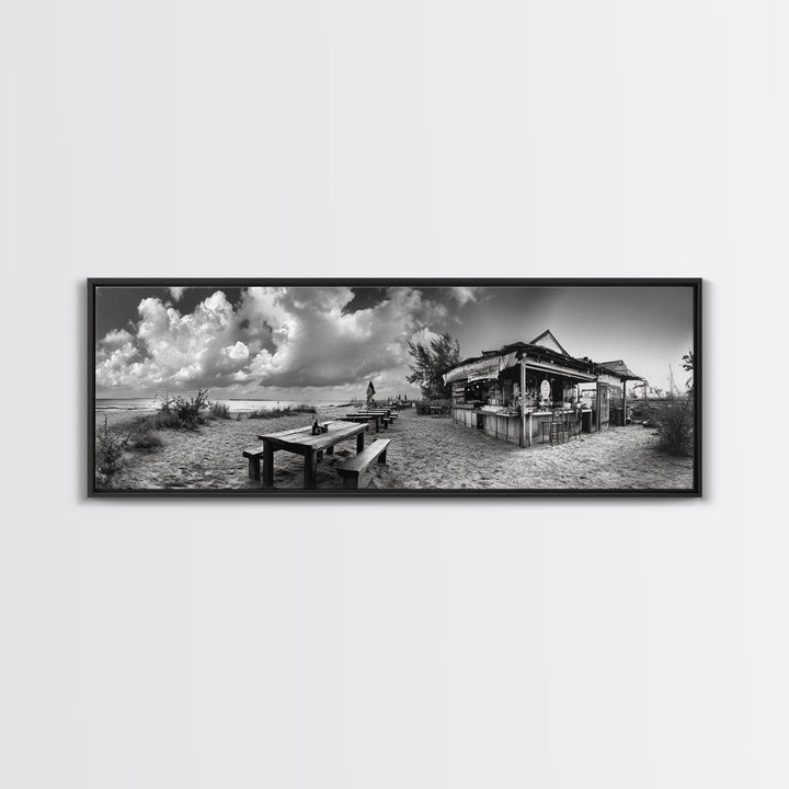 Beachside Bar Scene, Rustic Cafe, Ocean Picnic, Cloudy Sky, Framed Canvas Print, Coastal Kitchen Wall Art, Boho Bar Decor