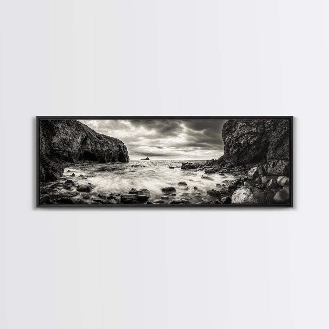 Rocky Shore Escape, Ocean Cliffside, Wild Coast, Moody Sky, Framed Canvas Print, Modern Bathroom Art, Nature Lover Decor