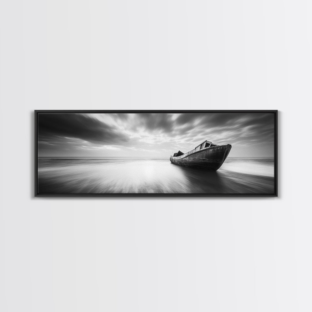 Abandoned Shipwreck, Ocean Ghost Boat, Moody Horizon, Dramatic Sky, Framed Canvas Print, Dark Nautical Art, Hallway Statement Piece