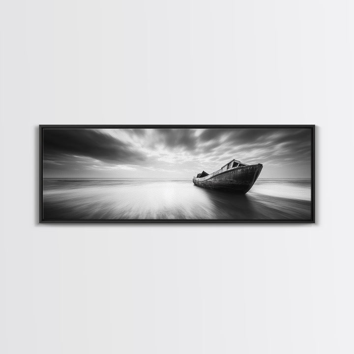 Abandoned Shipwreck, Ocean Ghost Boat, Moody Horizon, Dramatic Sky, Framed Canvas Print, Dark Nautical Art, Hallway Statement Piece