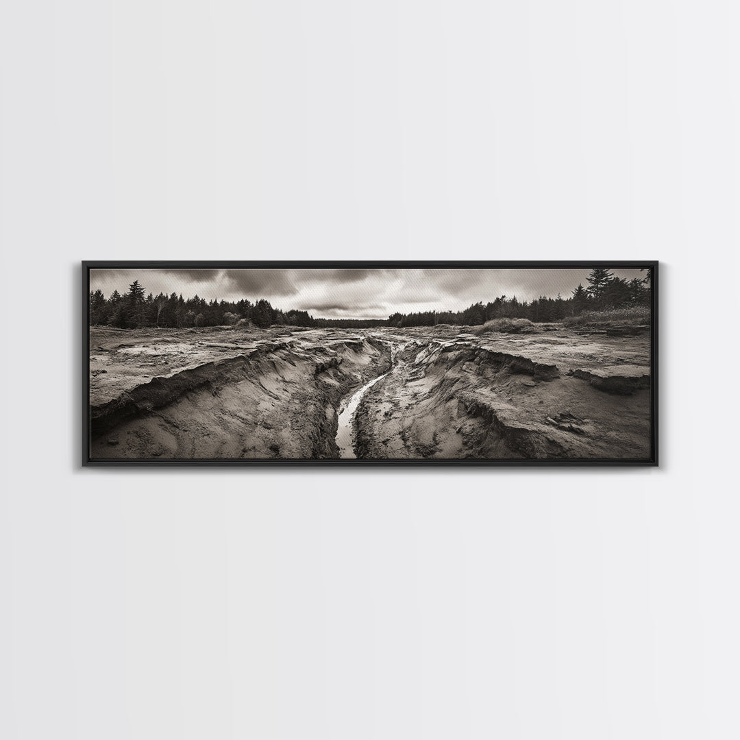 Rugged Riverbed Path, Forest Edge, Moody Terrain, Earthy Scene, Framed Canvas Print, Rustic Cabin Art, Autumn Entryway Decor