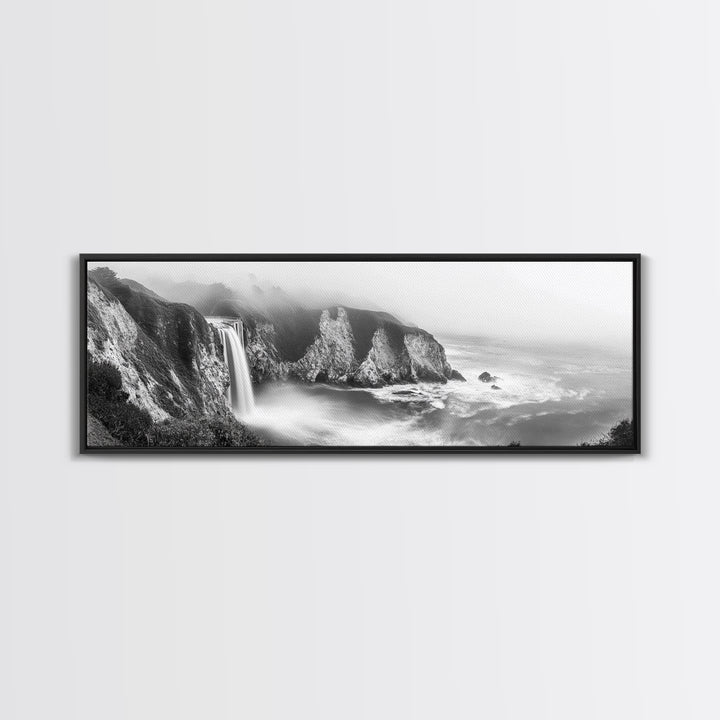 Cliffside Waterfall Coast, Misty Ocean Falls, Dramatic Drop, Nature Power, Framed Canvas Print, Scenic Landscape Wall Art, Spa Bathroom Decor