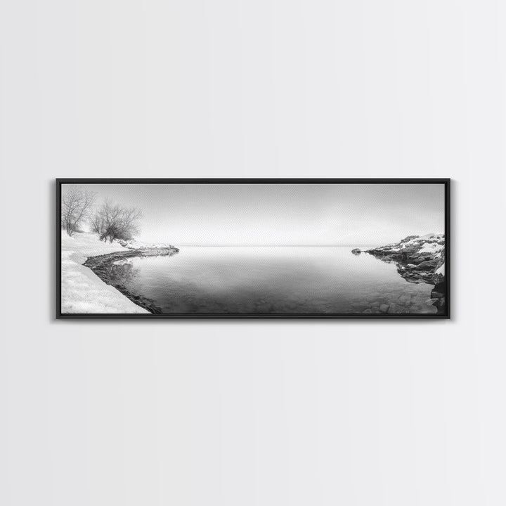 Winter Lake Reflection, Minimal Snow Scene, Bare Trees, Serene Water, Framed Canvas Print, Nordic Minimalist Art, Bedroom Wall Decor