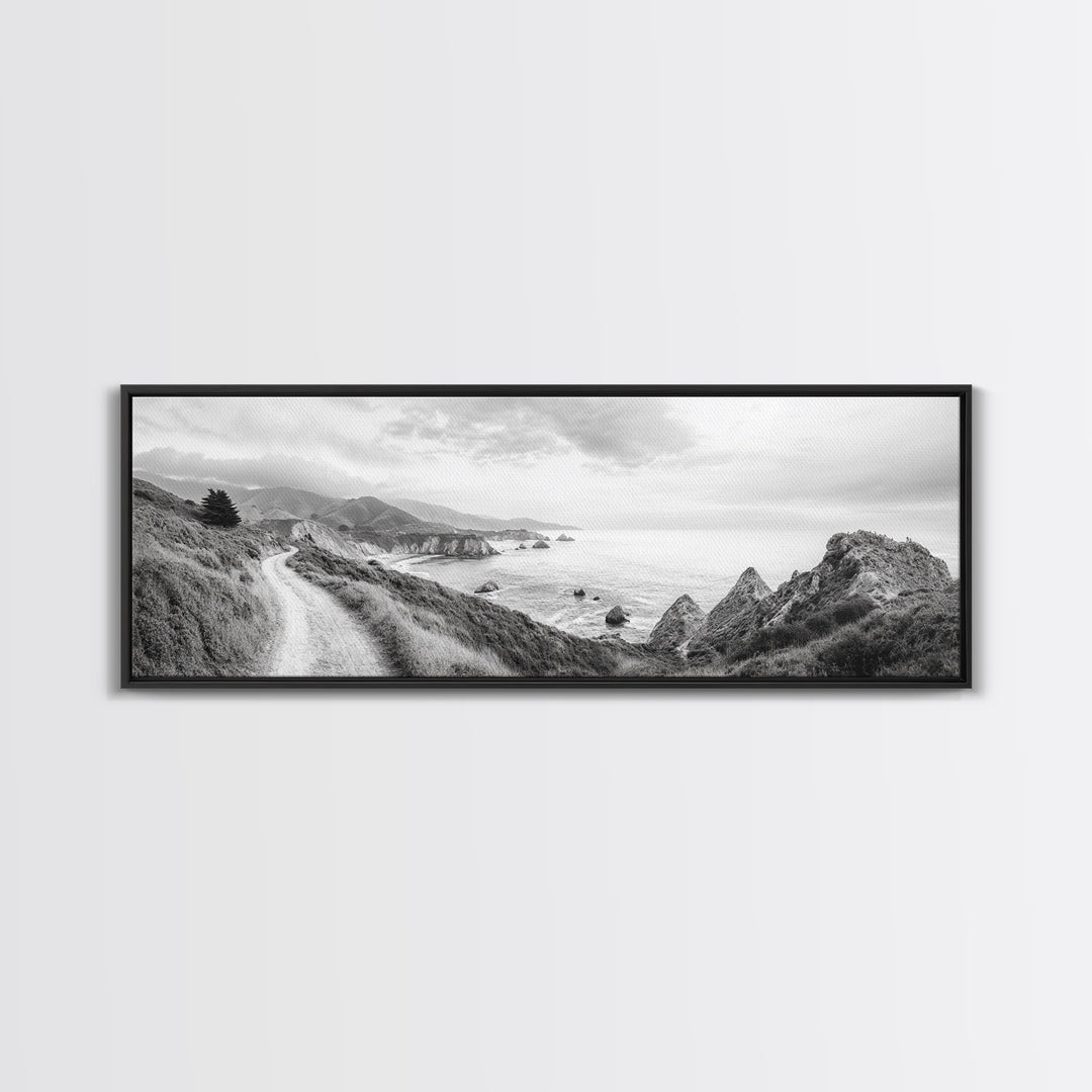 Coastal Trail View, Mountain Seascape, Minimalist Beach Path, Framed Canvas Print, Serene Landscape, Living Room Wall Art, Nature Decor