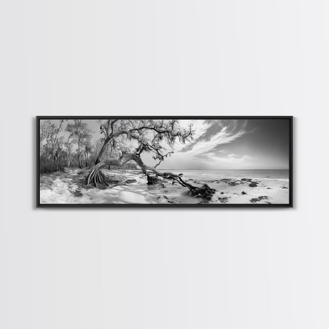 Bending Tree Beach, Windswept Coastal Scene, Dune Forest, Canvas Print, Monochrome Minimalist Art, Boho Bedroom Decor, Ocean Tones