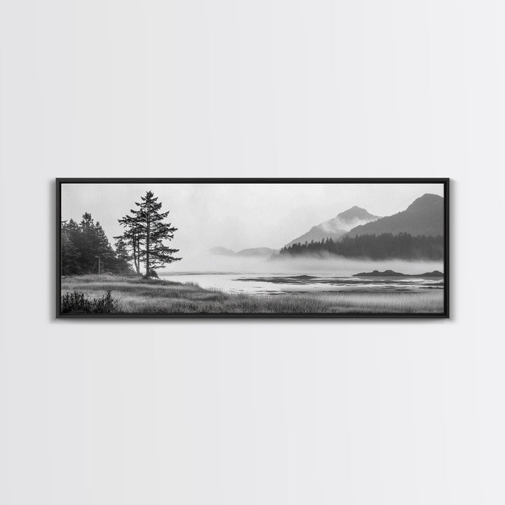 Foggy River Valley, Evergreen Mountains, Morning Mist Landscape, Framed Canvas Print, Tranquil Bedroom Art, Nature Inspired Decor