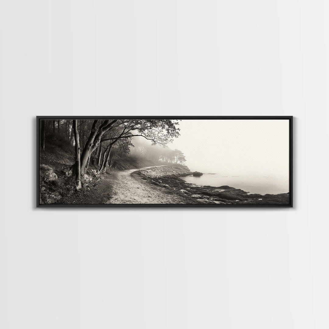 Forest Path, Misty Woods, Quiet Trail, Coastal Fog, Framed Canvas Print, Scandinavian Decor, Entryway Art, Minimal Nature Photography