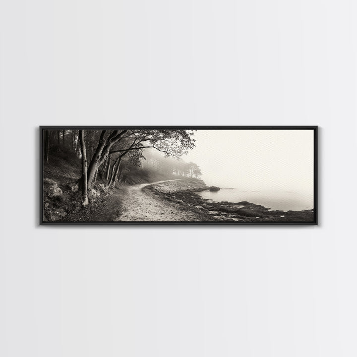 Forest Path, Misty Woods, Quiet Trail, Coastal Fog, Framed Canvas Print, Scandinavian Decor, Entryway Art, Minimal Nature Photography