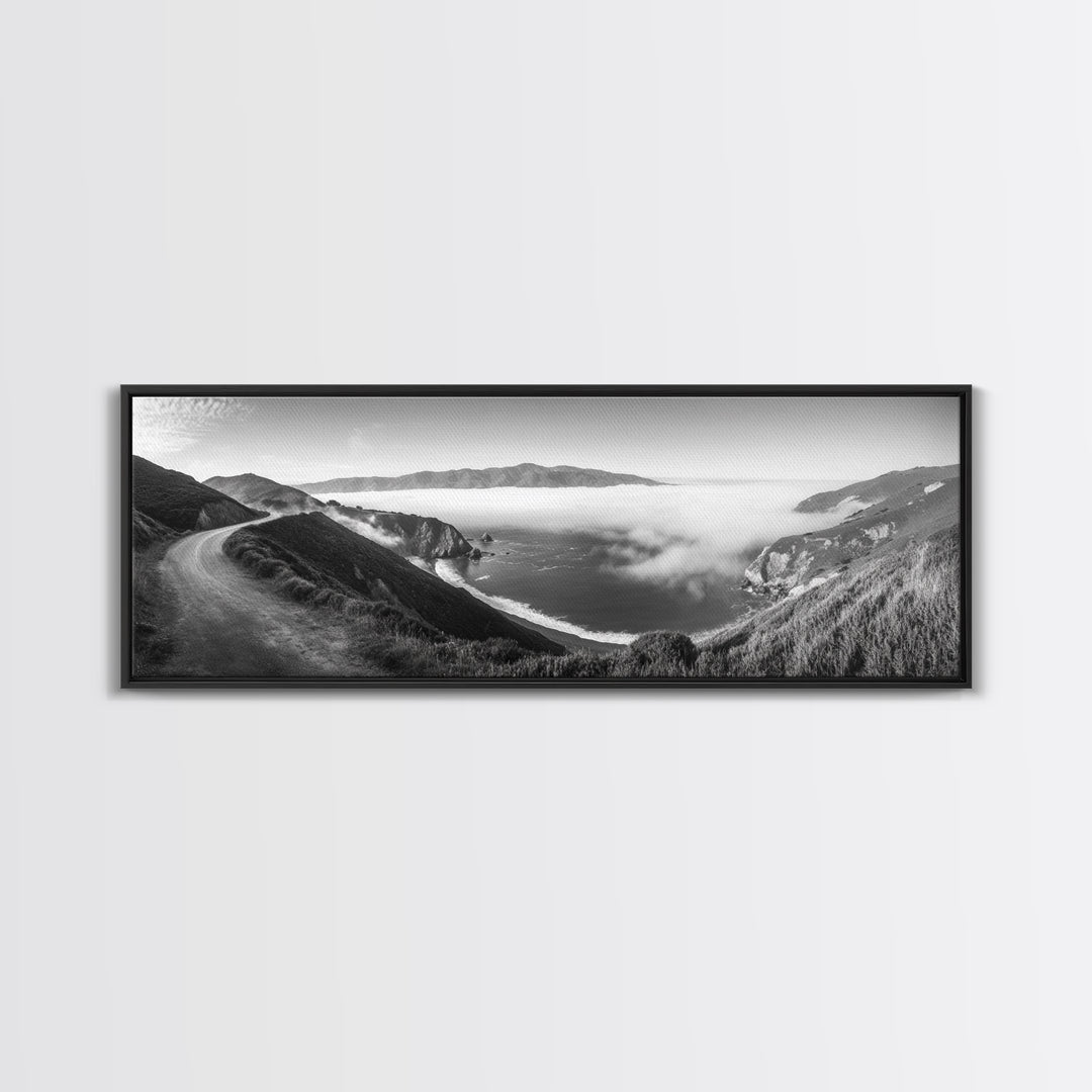 Mountain Road, Foggy Ocean View, Cliffside Drive, Framed Canvas Print, Scenic Wall Decor, Travel Photography, Modern Minimalist Art