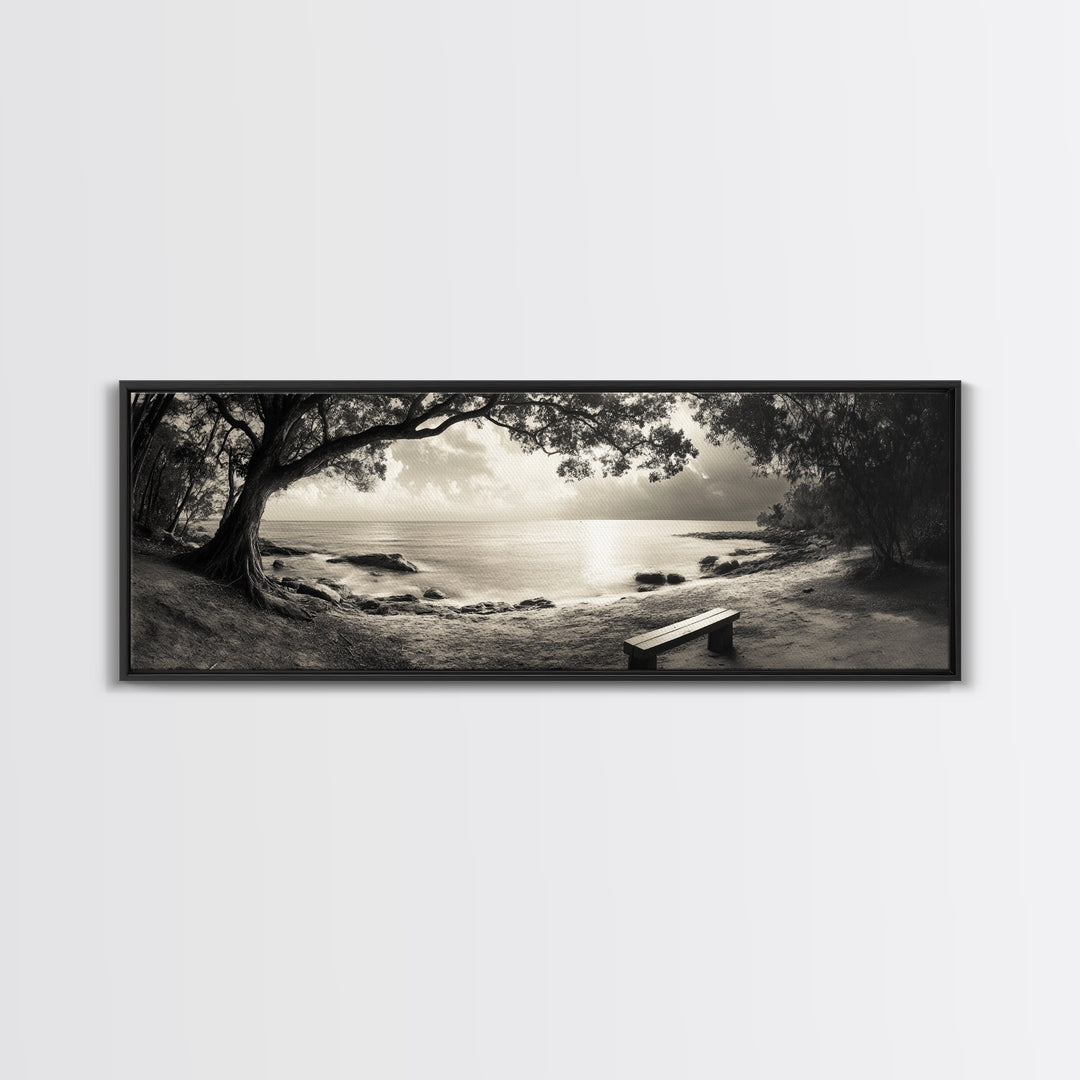Serene Bench, Ocean View, Tropical Shoreline, Framed Canvas Print, Tranquil Beach Art, Entryway Decor, Nature Photography Wall Art