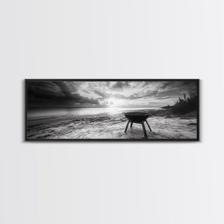 Beach Grill, Sunset Shore, Cloudy Horizon, Canvas Print, Coastal Minimalist Decor, Kitchen Wall Art, Autumn Beach House Accent