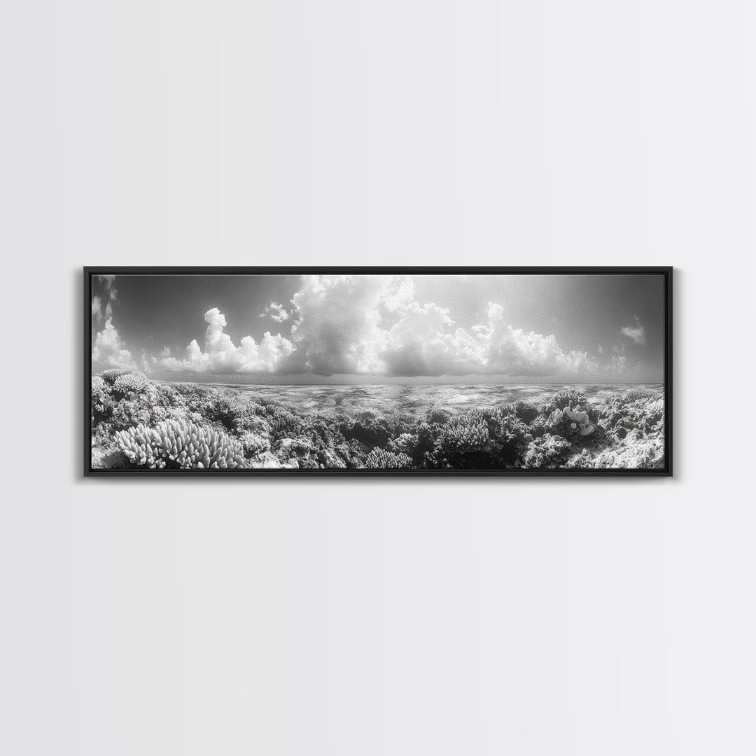 Coral Reef, Ocean Horizon, Cloudscape, Canvas Print, Underwater Nature Photography, Bathroom Wall Art, Marine Coastal Decor