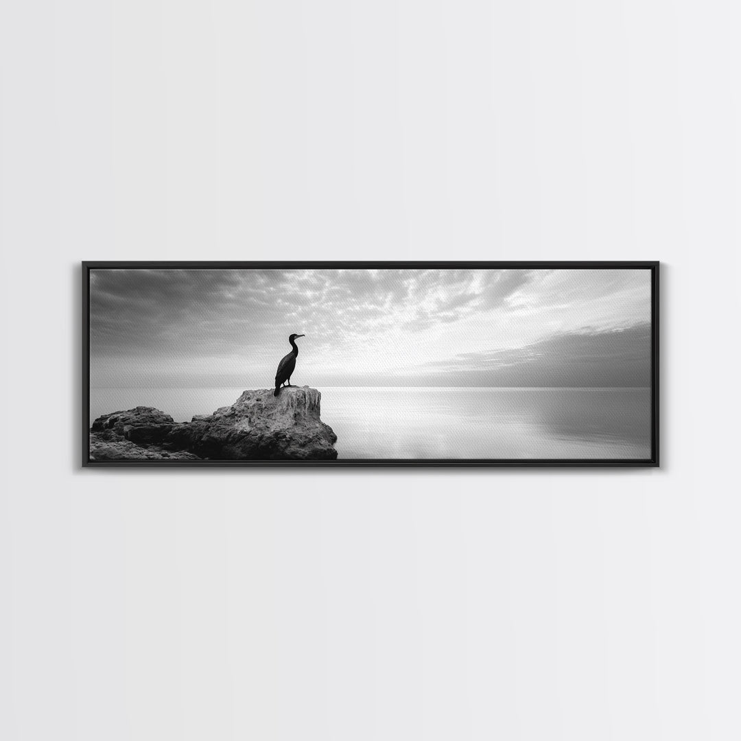 Solitary Bird, Ocean Rock, Minimalist Seascape, Canvas Print, Peaceful Wall Art, Zen Decor, Black and White Living Room Accent