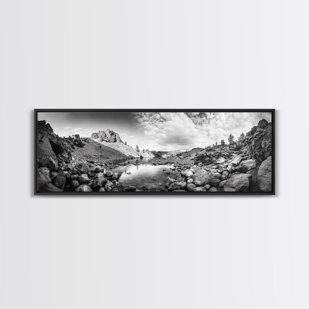 Rocky Lake, Wilderness Reflection, Mountain Calm, Framed Canvas Print, Cabin Nature Wall Art, Rustic Home Decor, Adventure Photography