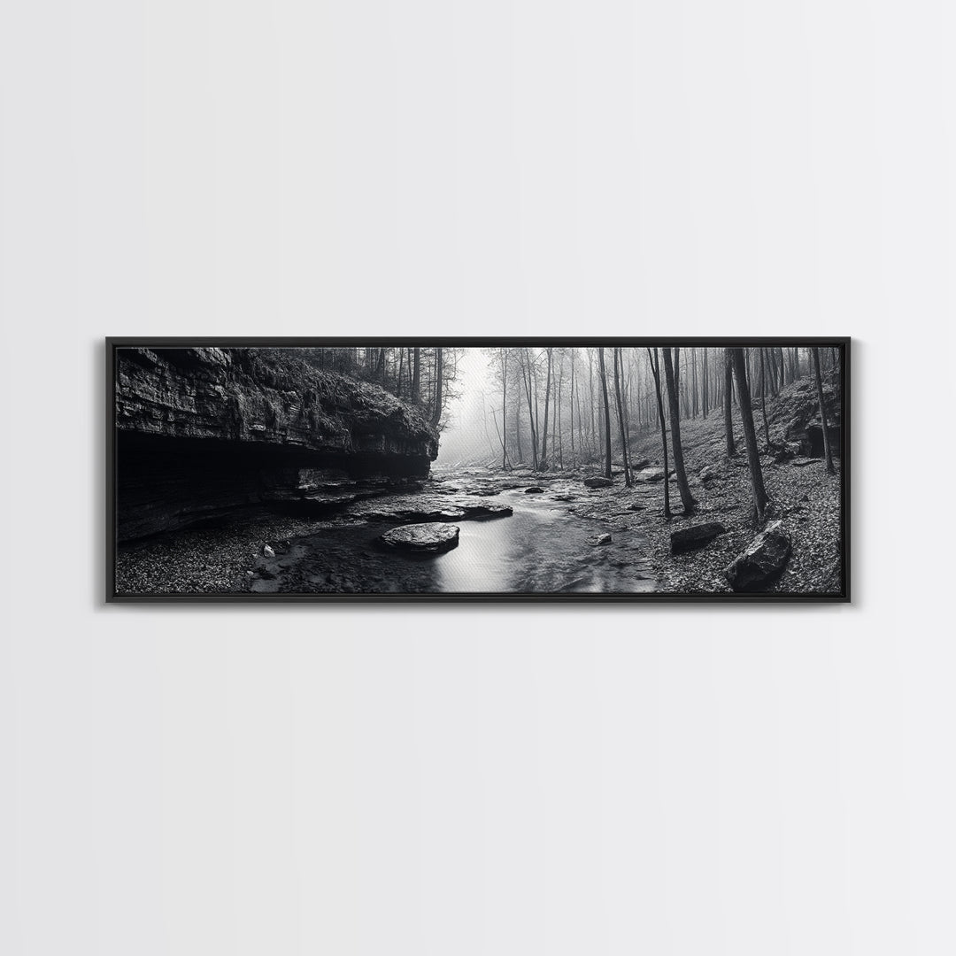 Misty River, Tranquil Forest, Autumn Nature, Monochrome Photography, Framed Canvas Print, Bedroom Wall Art, Rustic Decor, Minimalist Style