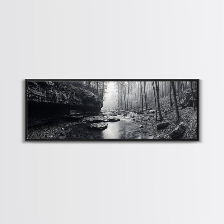 Misty River, Tranquil Forest, Autumn Nature, Monochrome Photography, Framed Canvas Print, Bedroom Wall Art, Rustic Decor, Minimalist Style