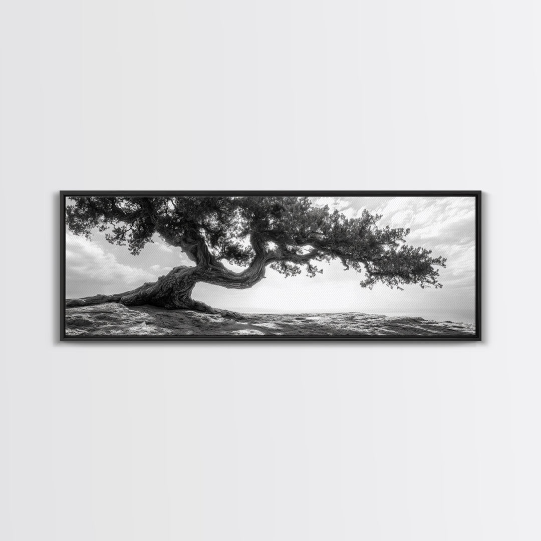 Bending Tree, Windswept Landscape, Coastal Nature, Monochrome Art, Framed Canvas Print, Zen Wall Art, Minimalist Living Room Decor