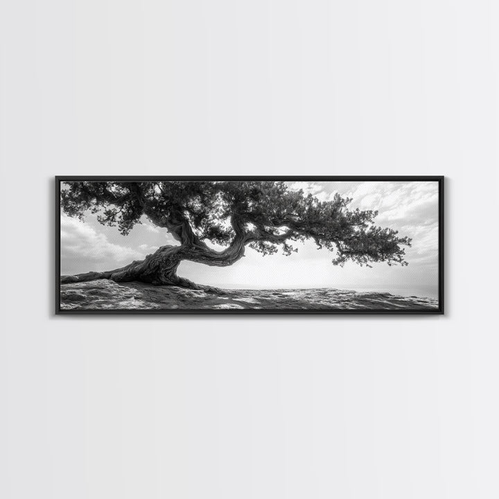 Bending Tree, Windswept Landscape, Coastal Nature, Monochrome Art, Framed Canvas Print, Zen Wall Art, Minimalist Living Room Decor