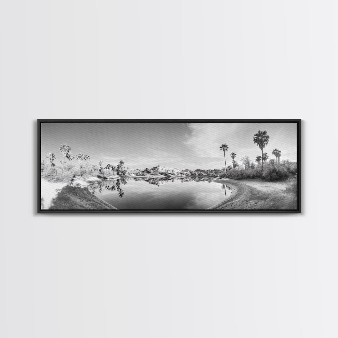 Oasis Reflections, Palm Trees, Desert Scene, Infrared Art Print, Framed Canvas Print, Tropical Wall Art, Boho Bedroom Decor, Tranquil Style