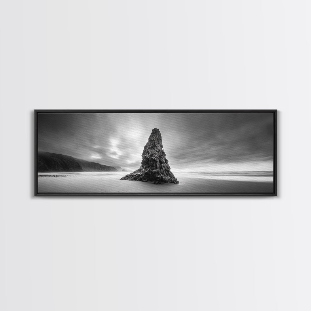 Coastal Monolith, Oregon Seascape, Moody Sky, Dramatic Beach, Framed Canvas Print, Coastal Wall Art, Modern Minimalist Decor