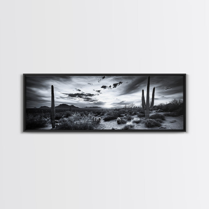 Desert Sunset, Cactus Silhouettes, Southwestern Landscape, Moody Sky Scene, Framed Canvas Print, Western Wall Art, Rustic Office Decor