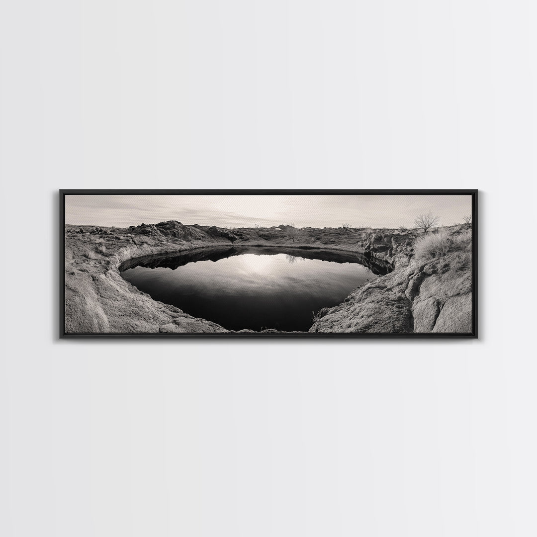 Desert Pool, Reflected Sky, Rugged Terrain, Monochrome Minimalism, Framed Canvas Print, Earthy Wall Art, Neutral Bedroom Decor