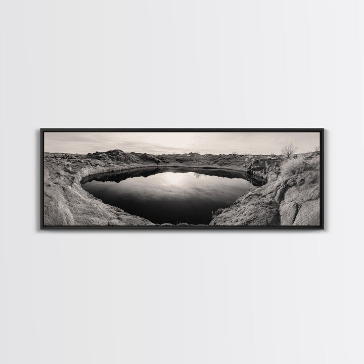 Desert Pool, Reflected Sky, Rugged Terrain, Monochrome Minimalism, Framed Canvas Print, Earthy Wall Art, Neutral Bedroom Decor