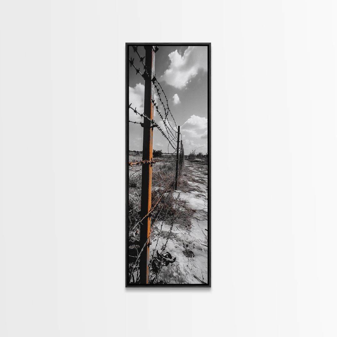 Rust Fence, Barbed Wire, Dramatic Sky, Framed Canvas Print, Abandoned Rural Art, Modern Industrial Decor, Grayscale Country Wall Art