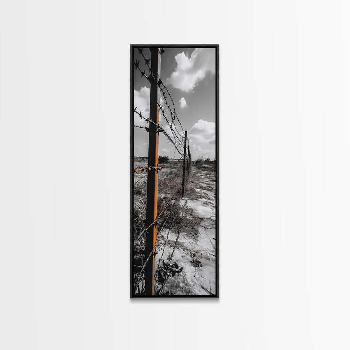 Rust Fence, Barbed Wire, Dramatic Sky, Framed Canvas Print, Abandoned Rural Art, Modern Industrial Decor, Grayscale Country Wall Art
