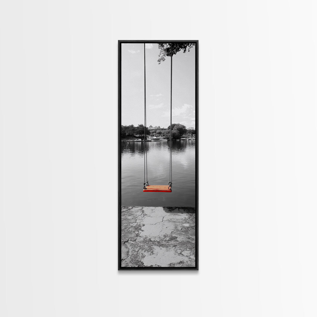 Swing Over Lake, Still Waters, Childhood Memories, Tranquil View – Canvas Print, Minimalist Wall Art, Kids Room Decor, Serene Black and White