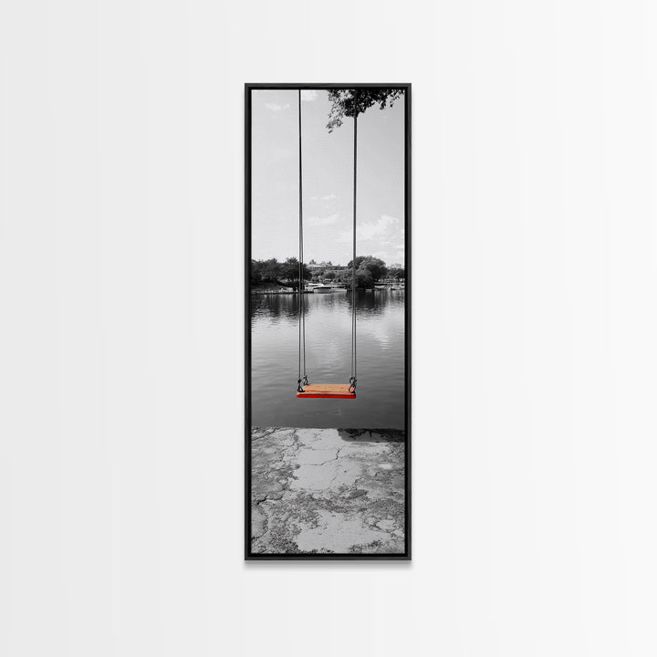 Swing Over Lake, Still Waters, Childhood Memories, Tranquil View – Canvas Print, Minimalist Wall Art, Kids Room Decor, Serene Black and White