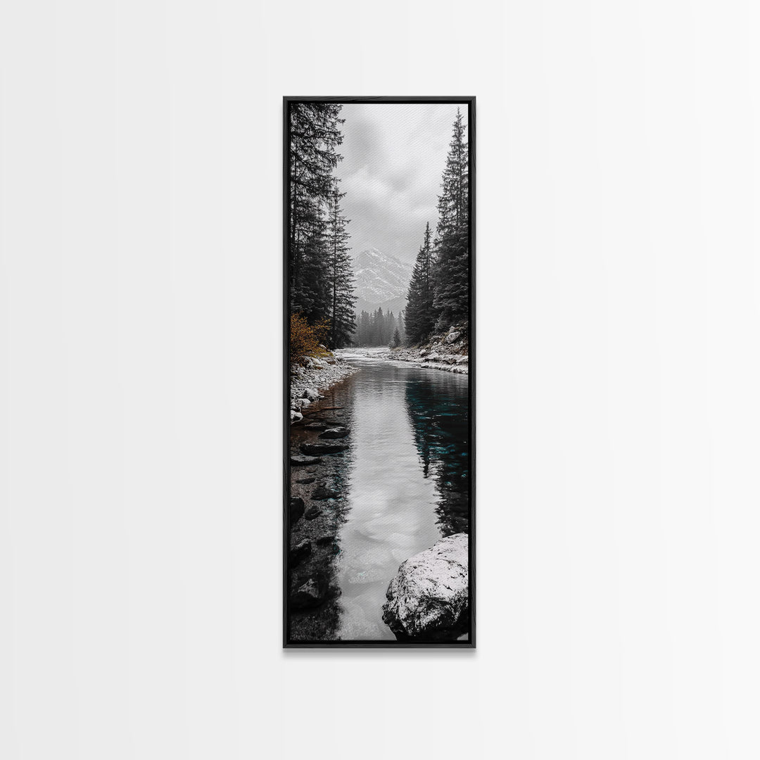 Mountain River, Forest Reflections, Nature Tranquility, Winter Pines, Canvas Print, Serene Landscape Wall Art, Bedroom Cabin Decor