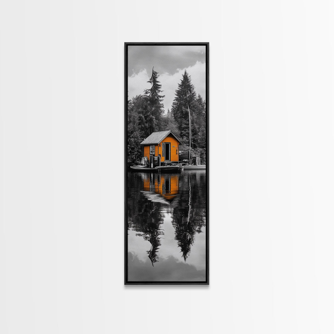 Lake Cabin, Reflection Serenity, Forest Escape, Framed Canvas Print, Nature Wall Art, Rustic Lodge Decor, Cabin Living Room Inspiration