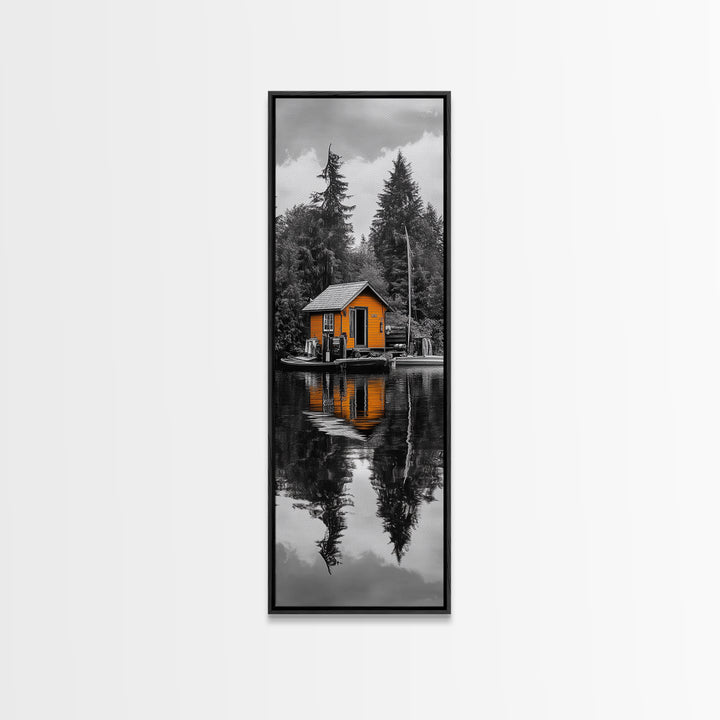 Lake Cabin, Reflection Serenity, Forest Escape, Framed Canvas Print, Nature Wall Art, Rustic Lodge Decor, Cabin Living Room Inspiration