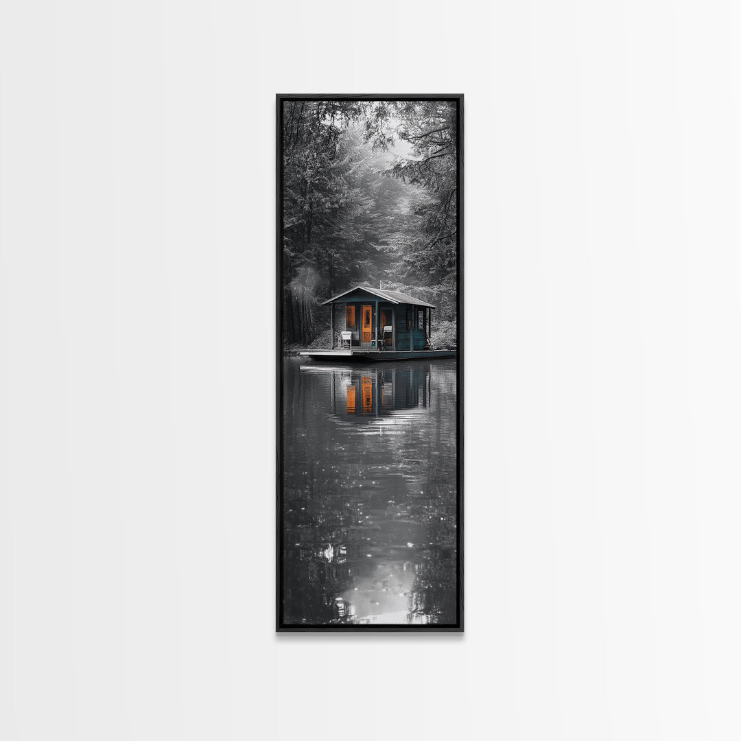 Cabin Reflection, Lake House Art, Cozy Forest Home, Canvas Print, Winter Wall Decor, Rustic Bedroom Artwork, Cabin Lover Gift