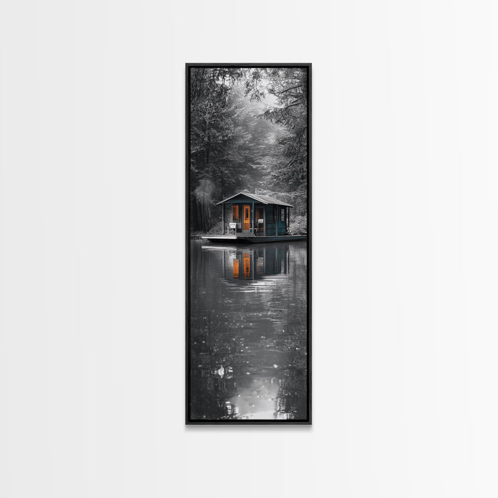 Cabin Reflection, Lake House Art, Cozy Forest Home, Canvas Print, Winter Wall Decor, Rustic Bedroom Artwork, Cabin Lover Gift