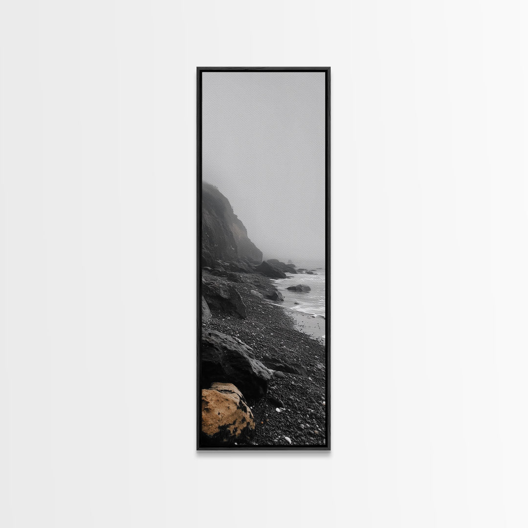 Foggy Cliffs, Coastal Rocks, Moody Ocean Photography, Canvas Print, Minimalist Seascape, Bathroom Decor, Calm Gray Tones, Nature Print