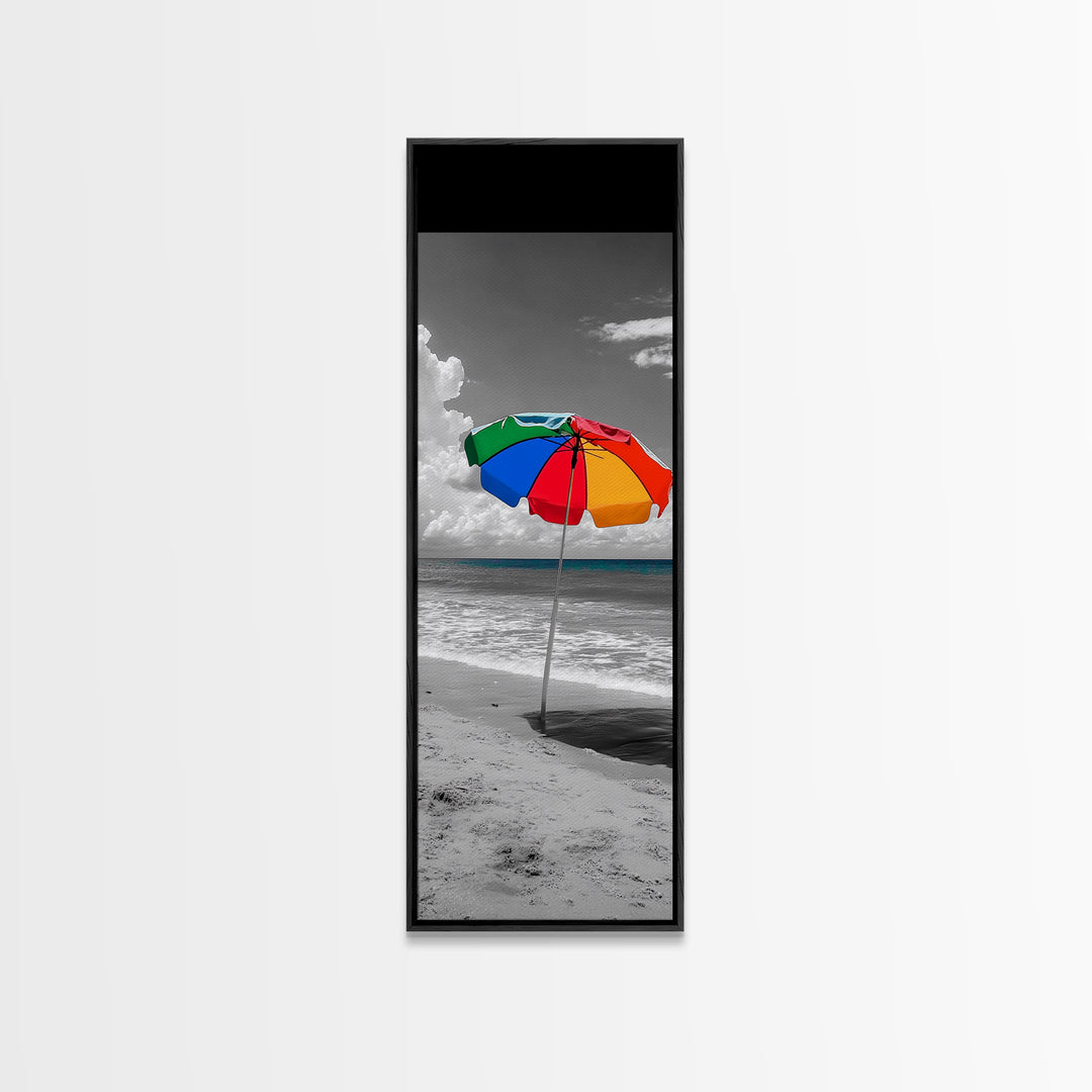 Rainbow Umbrella, Sandy Beach, Summer Sky, Framed Canvas Print, Coastal Bathroom Art, Vibrant Beach Decor, Modern Tropical Style