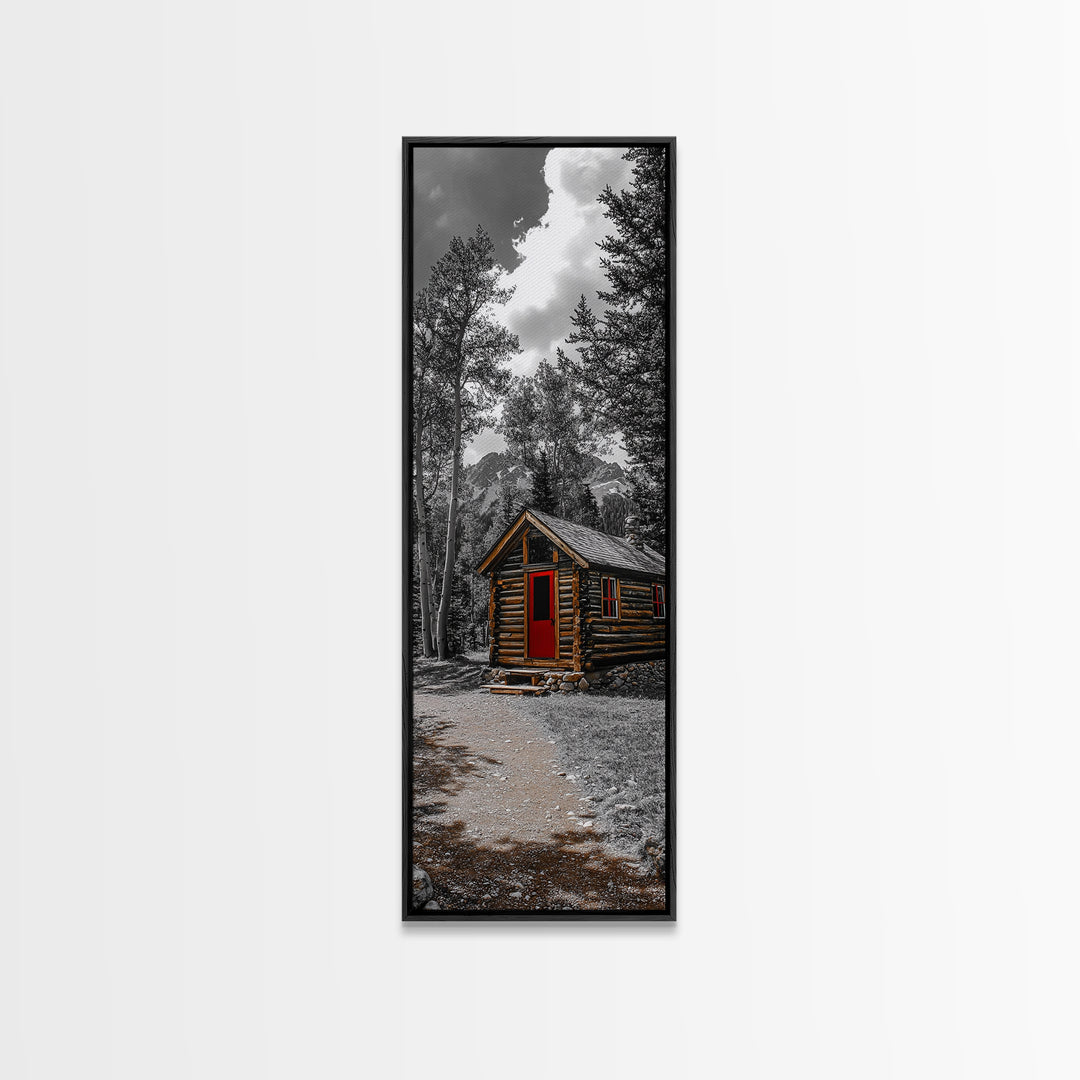 Log Cabin, Red Door, Mountain Home, Cozy Retreat, Framed Canvas Print, Rustic Wall Art, Lodge Decor, Fall Cabin Vibes, Country Living